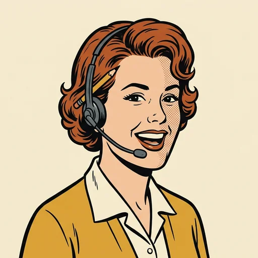 Front Desk Fran, drawn in comic-strip style: a smiling woman with curly auburn hair wearing a phone headset.