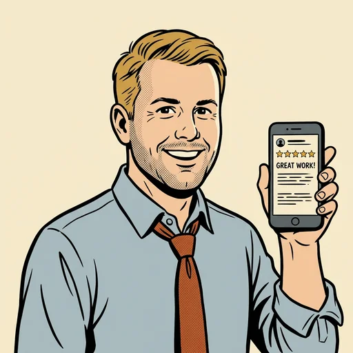 Marketing Matt, drawn in comic-strip style: a smiling man in a blue shirt holding up a phone.
